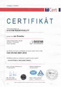 Certifikát ISO Jan Švestka
